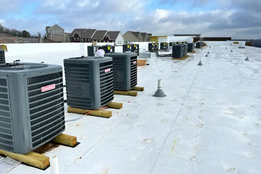 A roof lined with multiple Goodman air conditioning units under a cloudy sky, with nearby residential buildings in the background